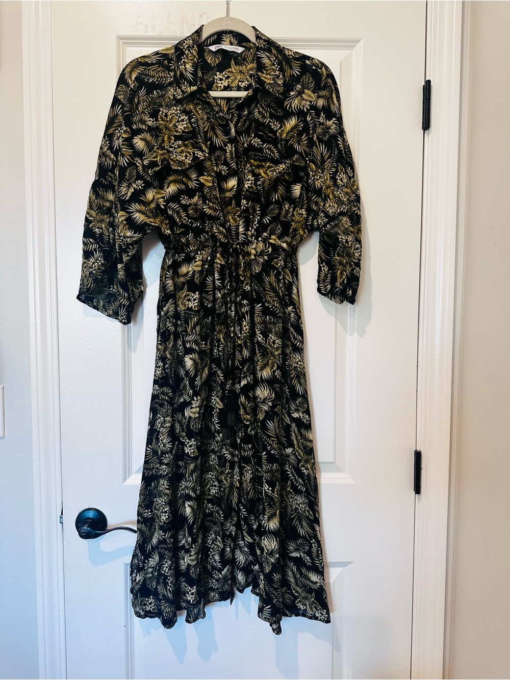 Zara Black Midi Shirtdress with Gold Botanical Print